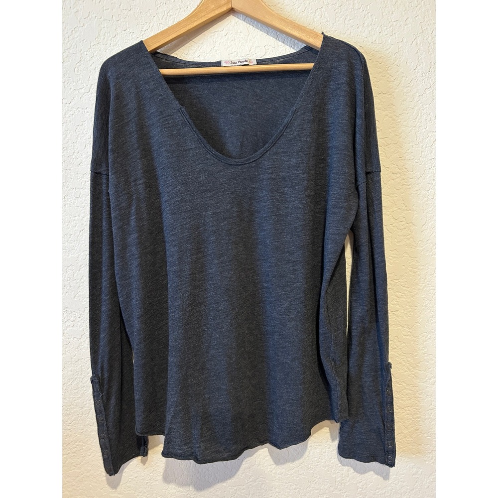 Vintage Free People Womens Long Sleeve Top Small Grey V-Neck Snap Cuff Slub Knit